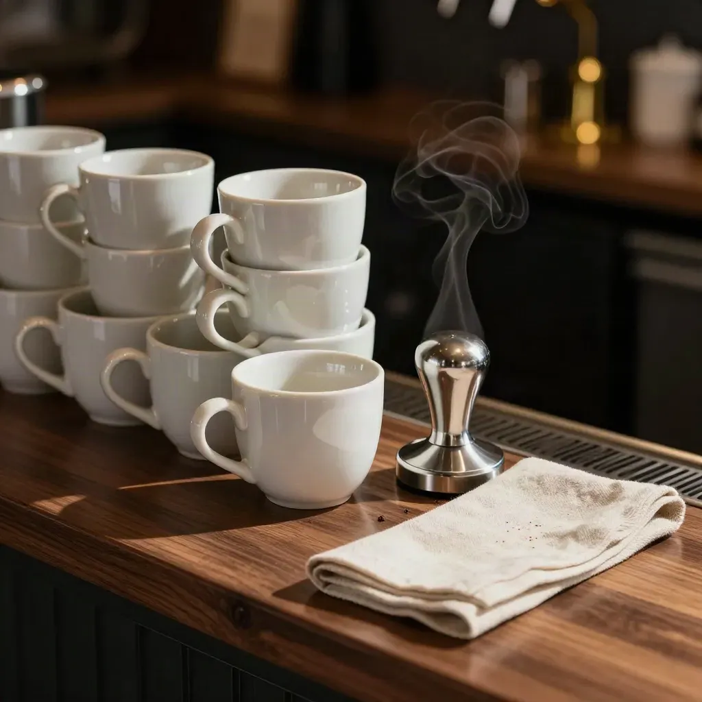 Tazzine da caffè impilate, tamper e tovagliolo di lino su banco scuro con vapore